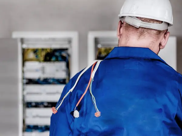 Elektriker mit Schutzhelm vor einem offenen Verteilerkasten