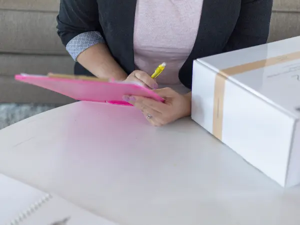 Hand mit Klemmbrett prüft ein Paket vor dem Versand